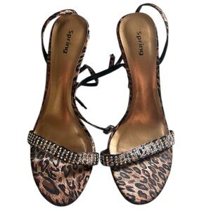 Call It Spring Women’s Cheetah Strappy High Heels with Rhinestones- Size 7
